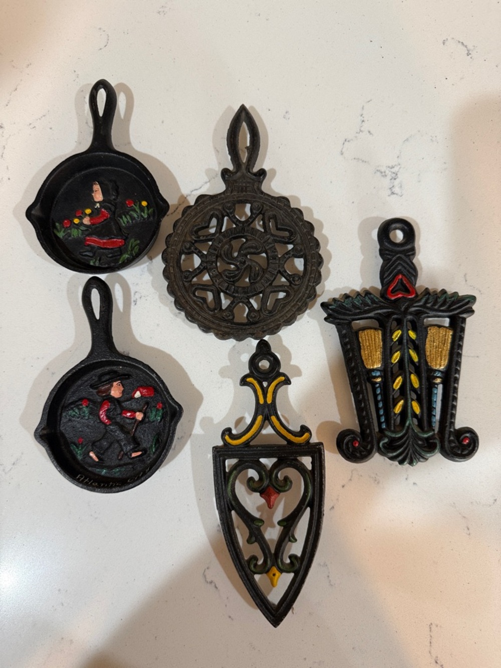 Decorative Black Cast Iron Wall Plaque Set with Hand-Painted Accents
